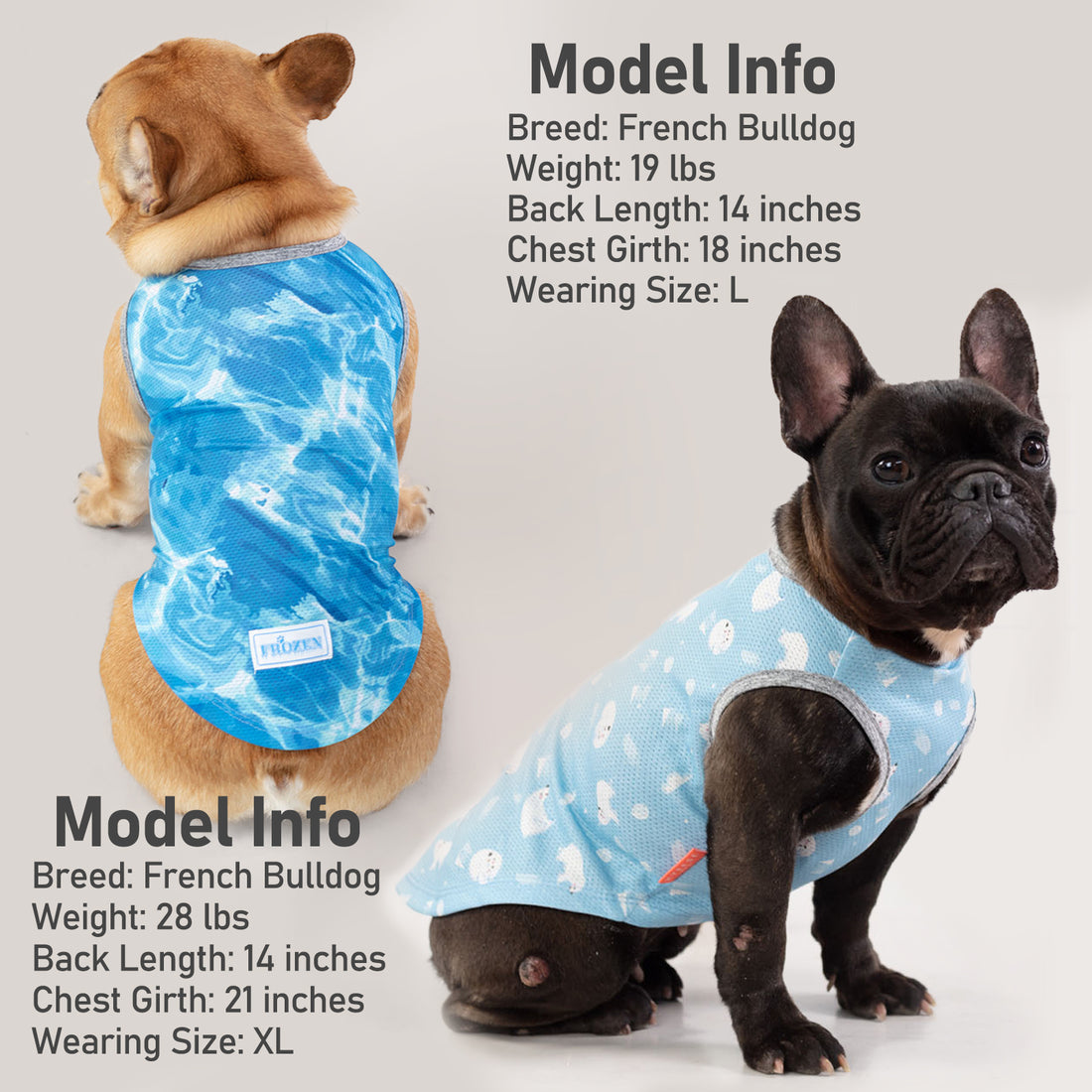 Blue dog cooling shirt with snow print, gray trim at neck and leg openings