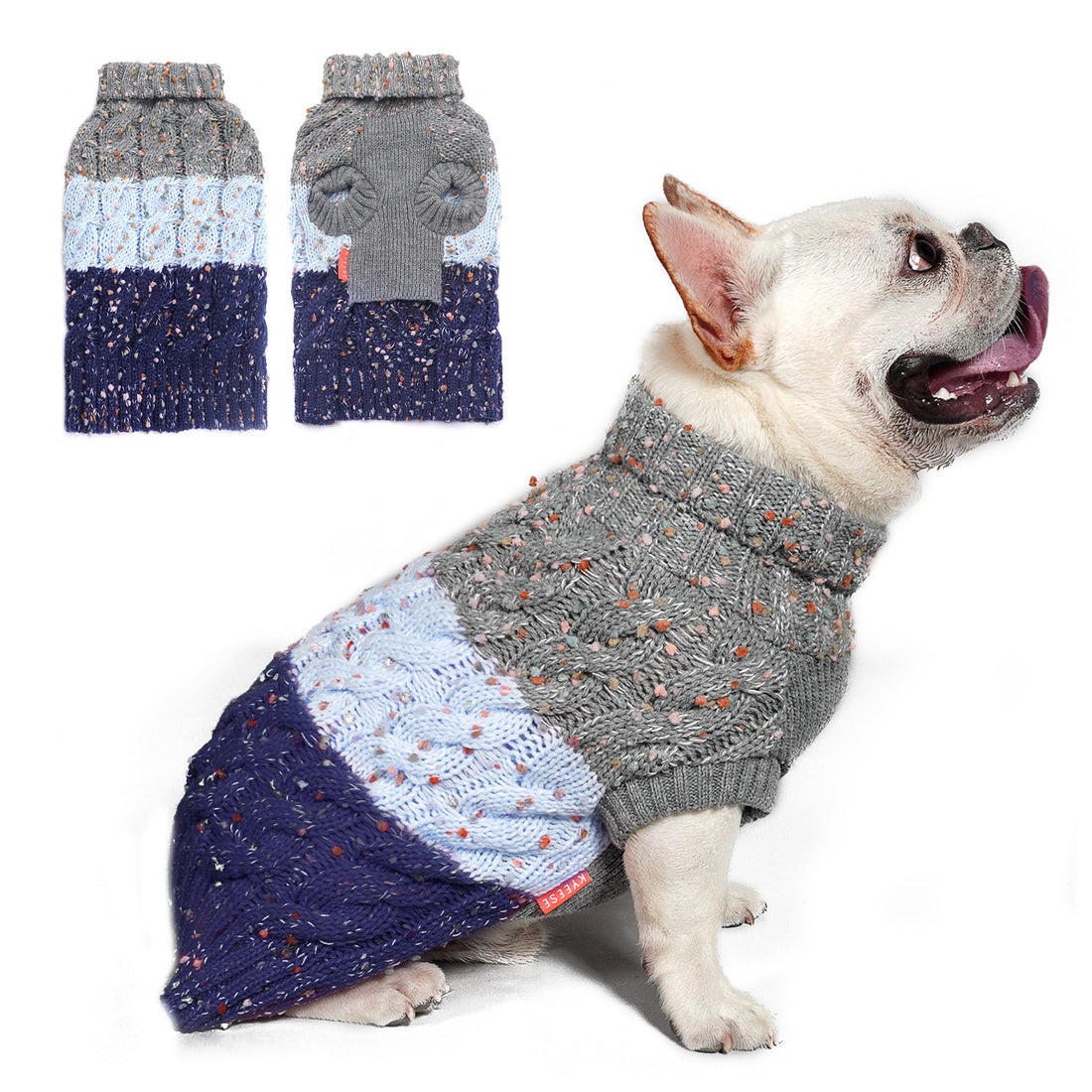 Fuzzy color-block knit dog sweater with turtleneck, dark blue and gray panels