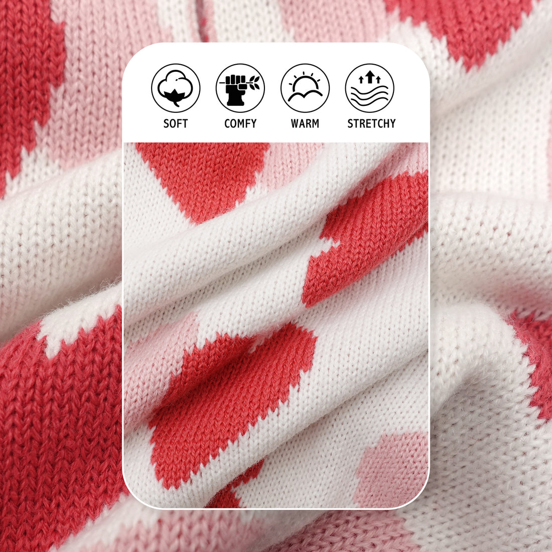 Close-up knit dog sweater fabric with white base and red heart pattern