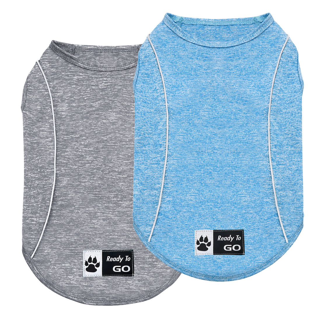 Set of sleeveless dog shirts: blue and heather gray, crew neck, "Ready To Go" paw badge