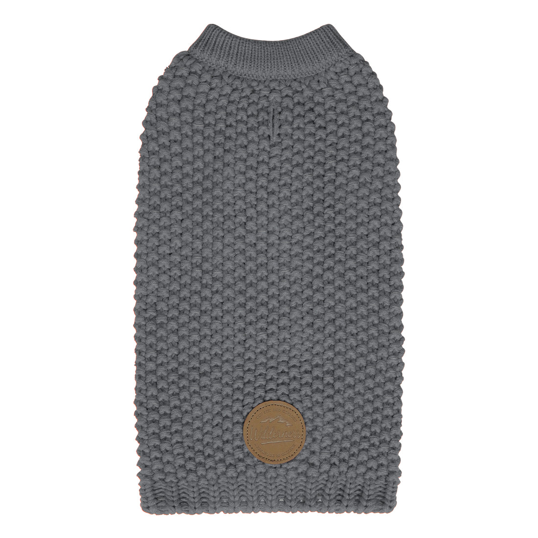 Grey knit dog sweater with round neck, ribbed hem, and small leather-look patch