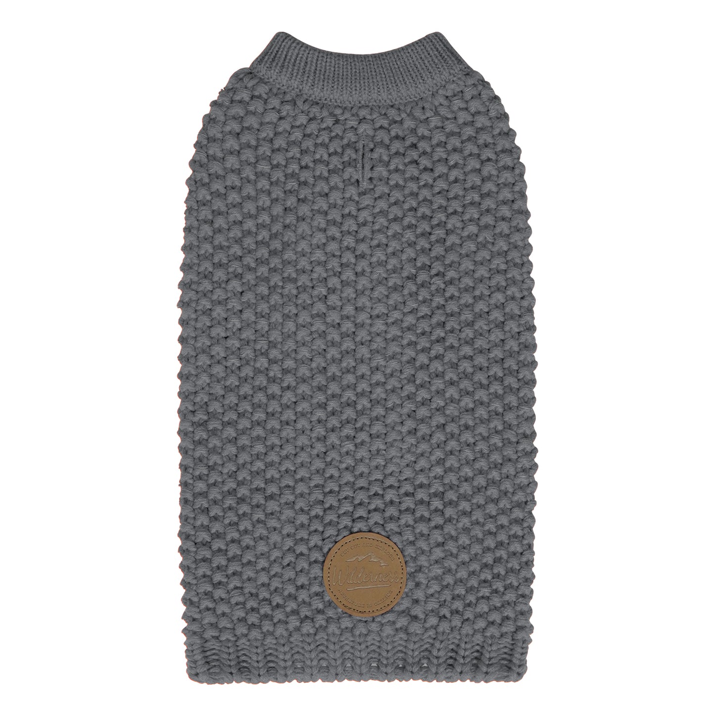Grey knit dog sweater with round neck, ribbed hem, and small leather-look patch
