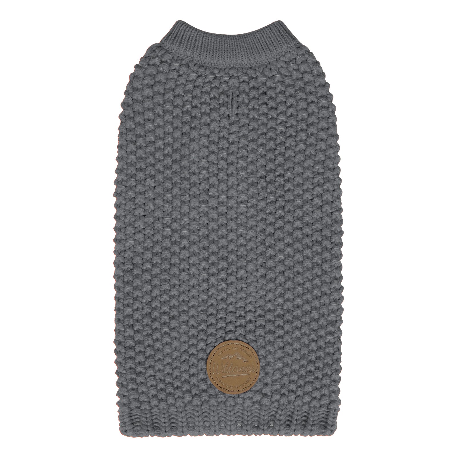 Grey knit dog sweater with round neck, ribbed hem, and small leather-look patch