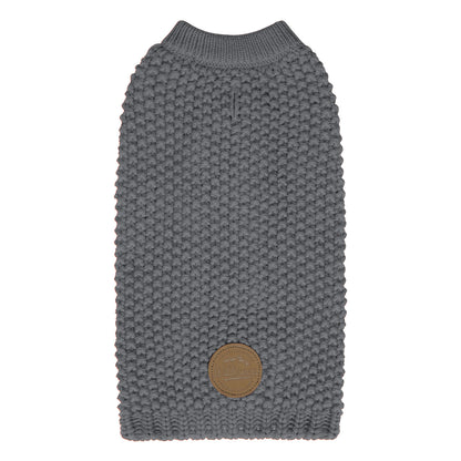 Grey knit dog sweater with round neck, ribbed hem, and small leather-look patch