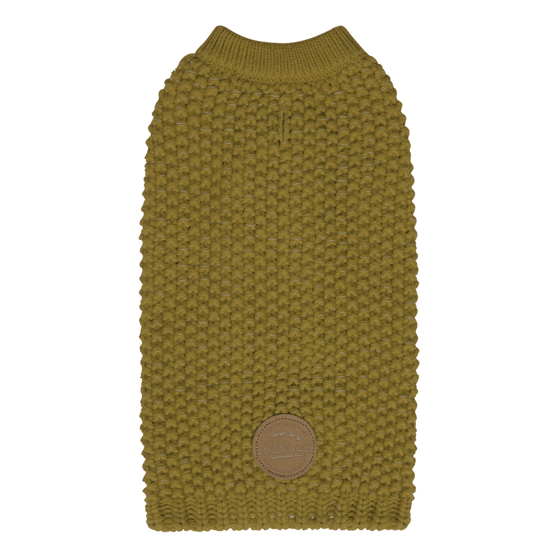 Olive knit dog sweater with round neck, ribbed edges, and small leather-look patch