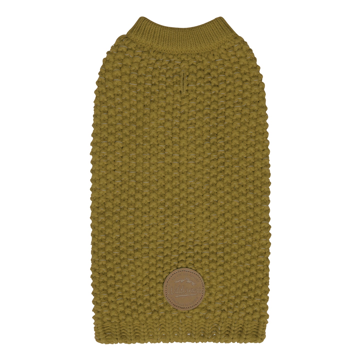 Olive knit dog sweater with round neck, ribbed edges, and small leather-look patch