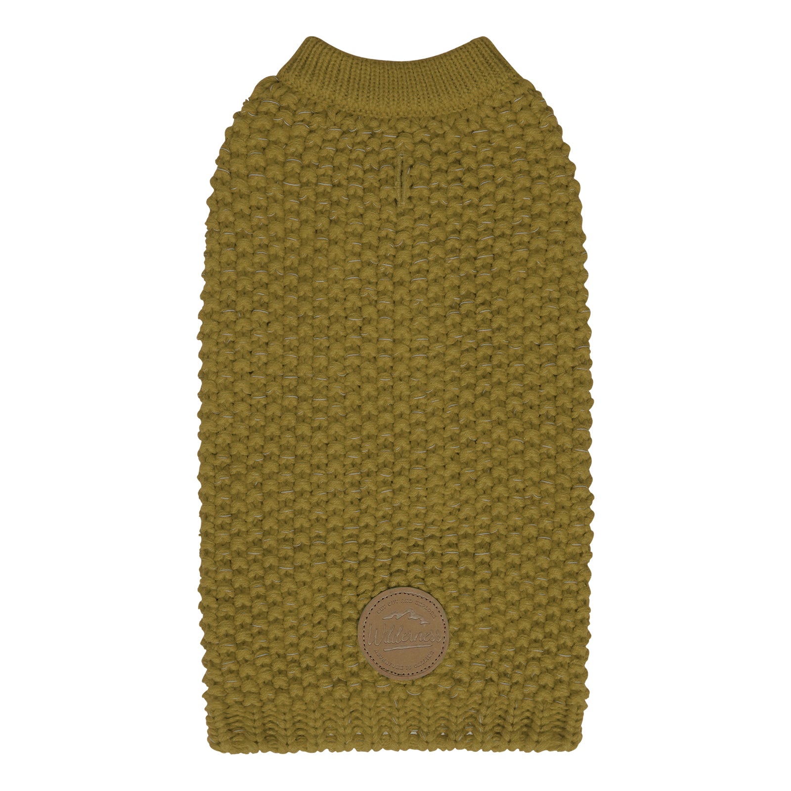 Olive knit dog sweater with round neck, ribbed edges, and small leather-look patch