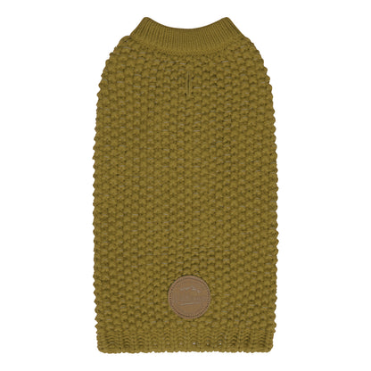 Olive knit dog sweater with round neck, ribbed edges, and small leather-look patch