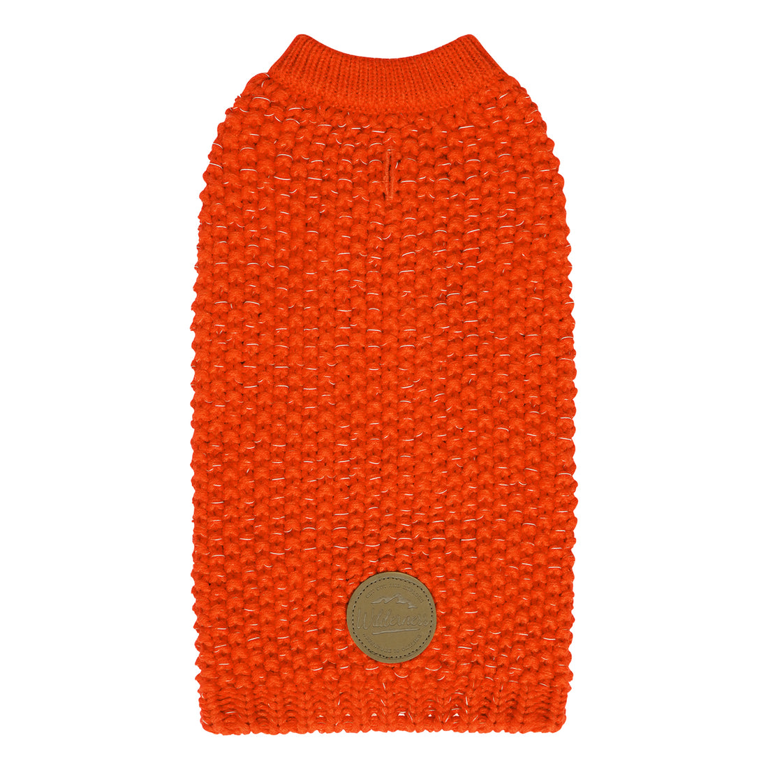 Orange dog sweater with ribbed round neck, textured knit and round patch at back