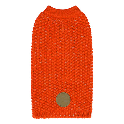 Orange dog sweater with ribbed round neck, textured knit and round patch at back