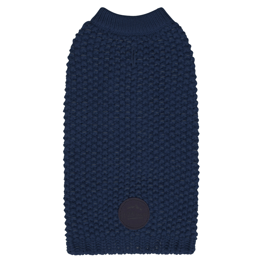 Dark blue knit dog sweater with ribbed round neck and small round patch at belly