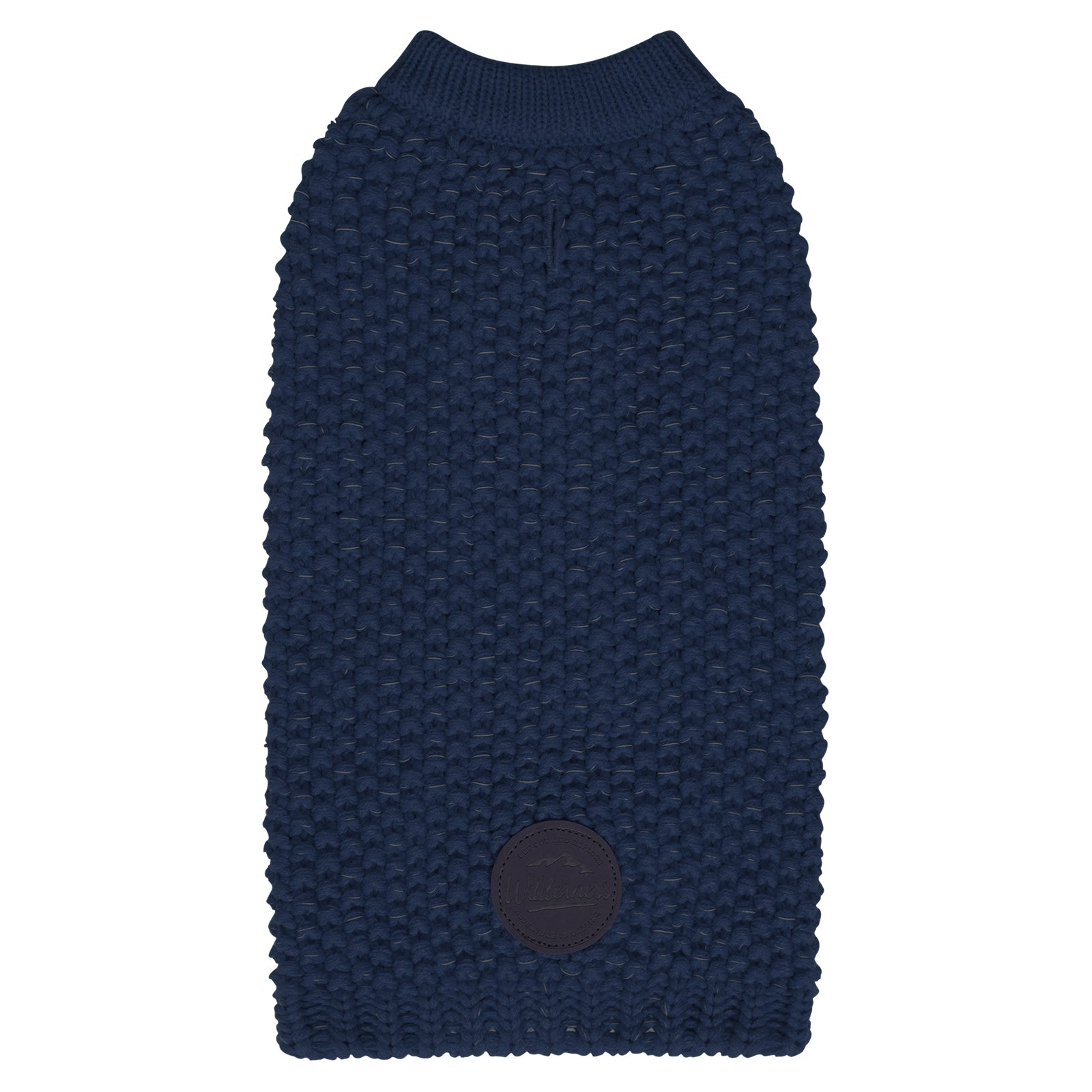 Dark blue knit dog sweater with ribbed round neck and small round patch at belly