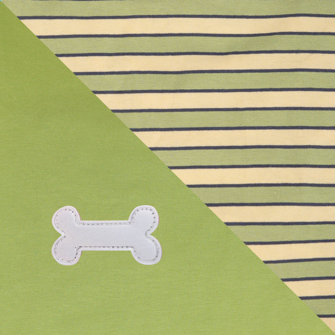 Green lightweight dog shirt fabric with white bone applique