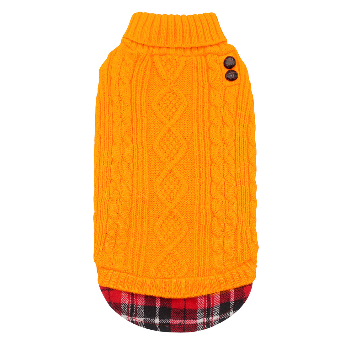 Orange cable-knit dog turtleneck sweater with ribbed collar and two button details