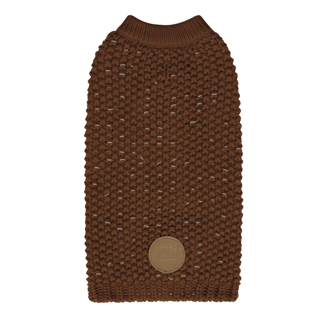 Brown knit dog sweater with ribbed collar and round patch at the belly