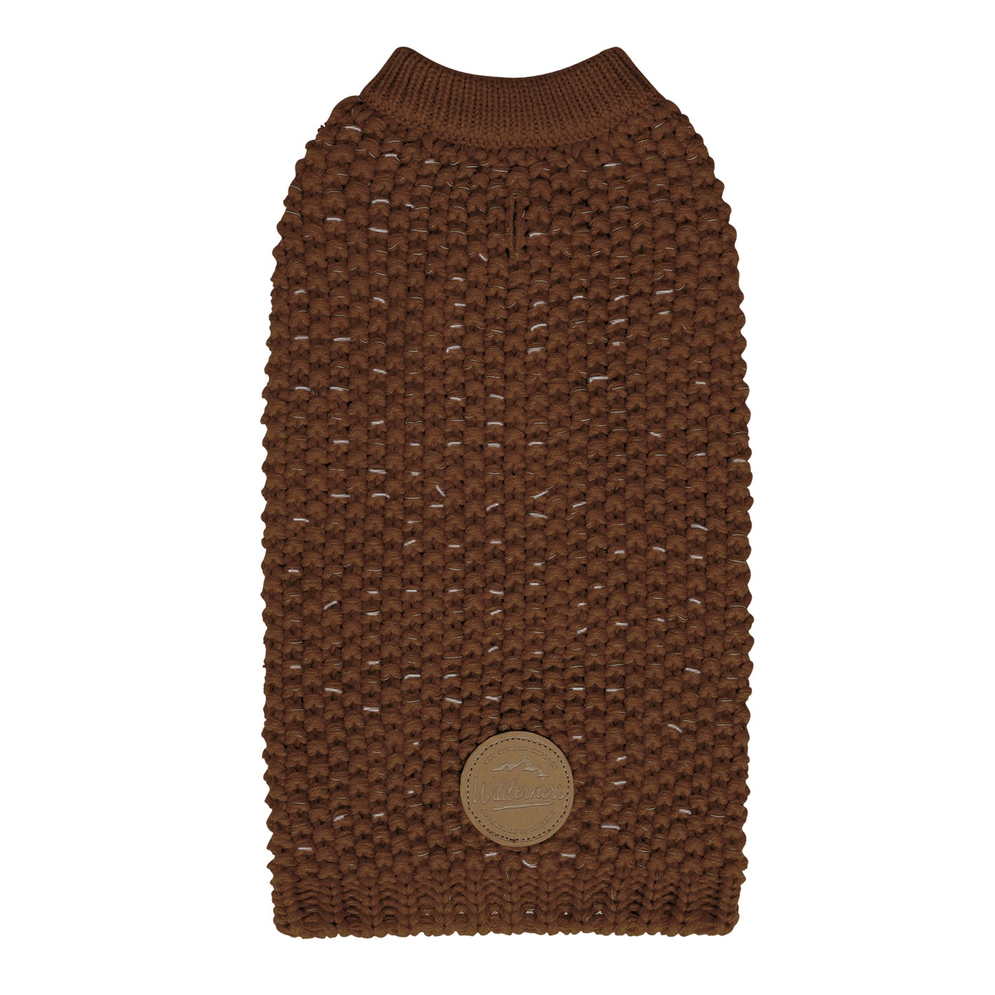 Brown knit dog sweater with ribbed collar and round patch at the belly