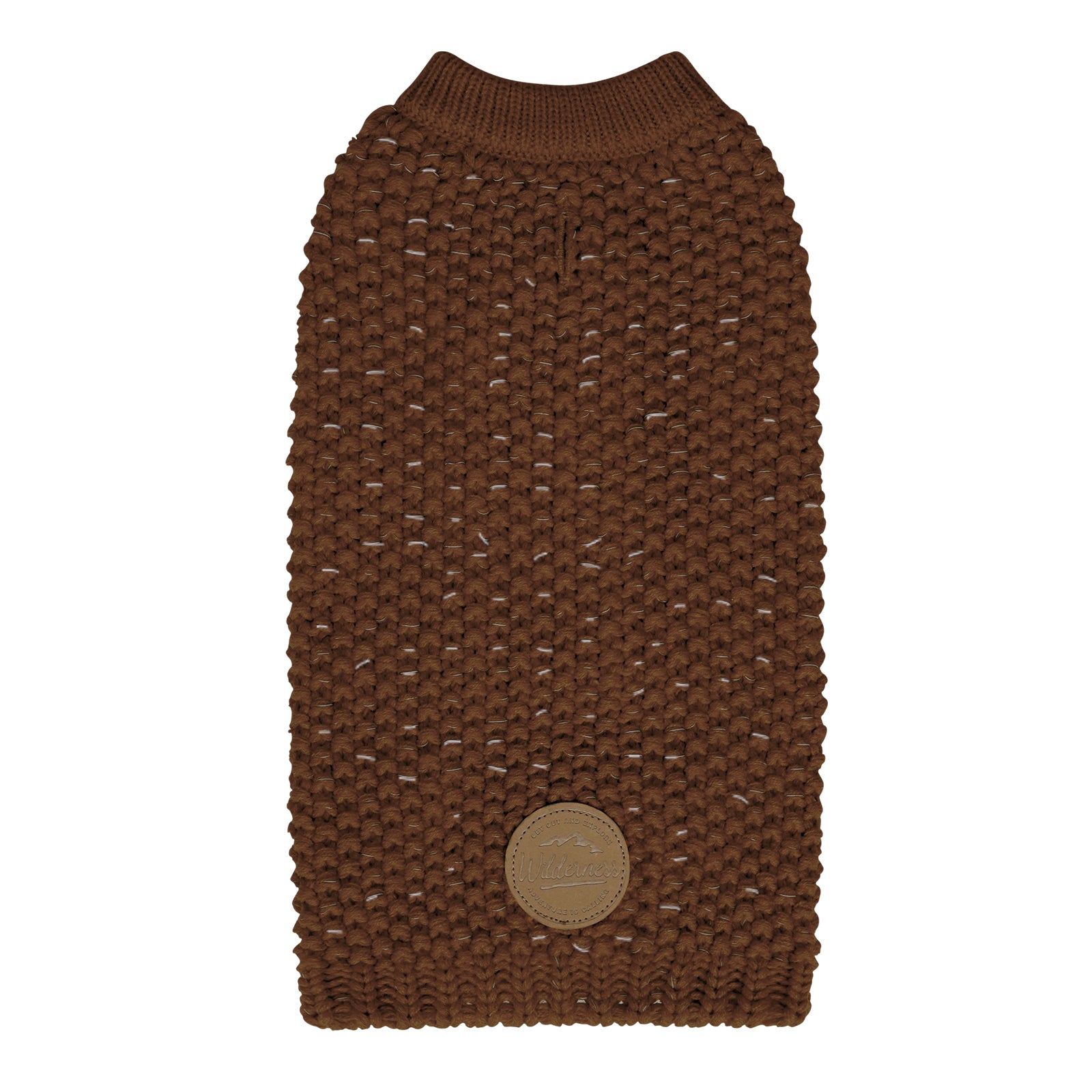 Brown knit dog sweater with ribbed collar and round patch at the belly