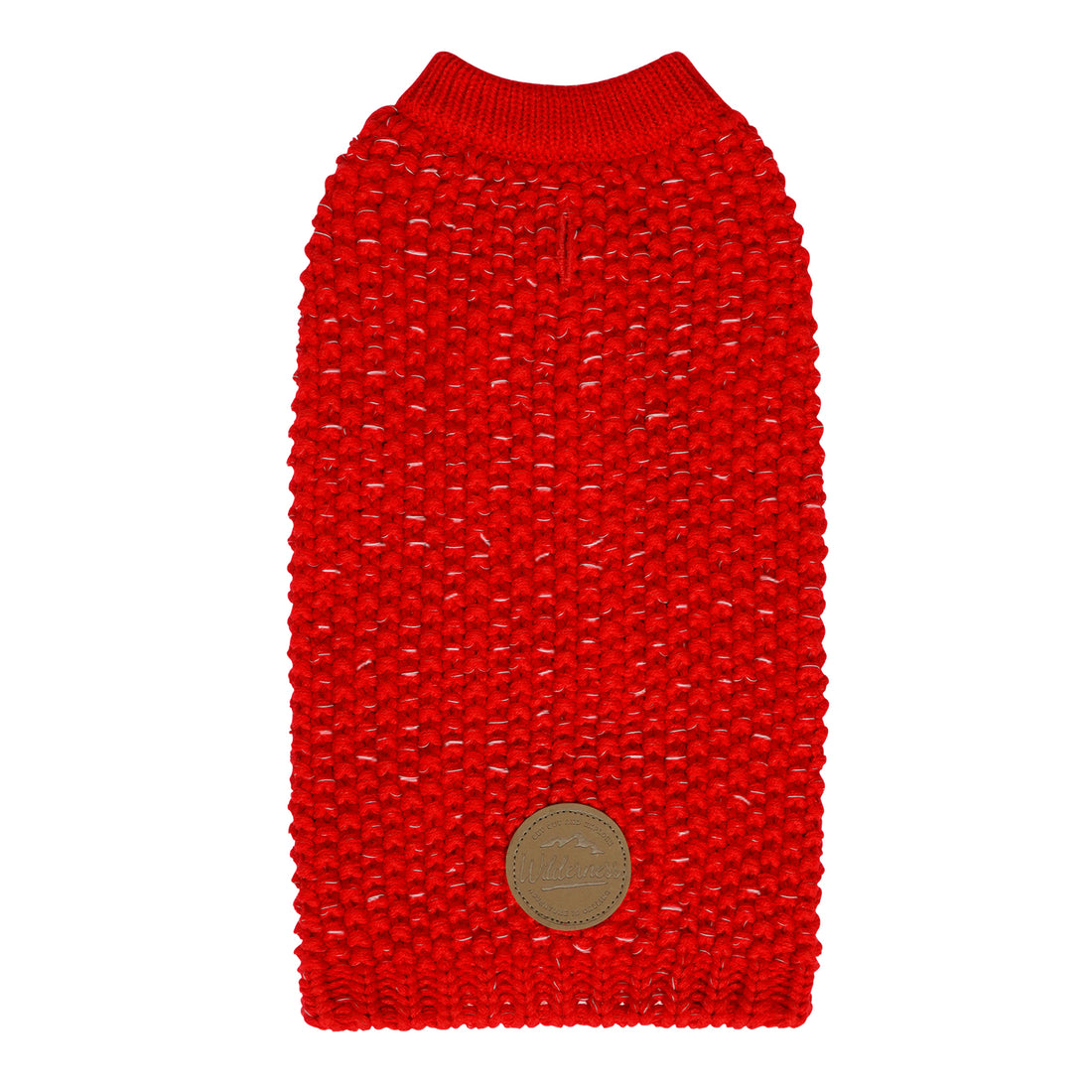 Hunter-style reflective dog sweater, red knit with round neck and tan patch