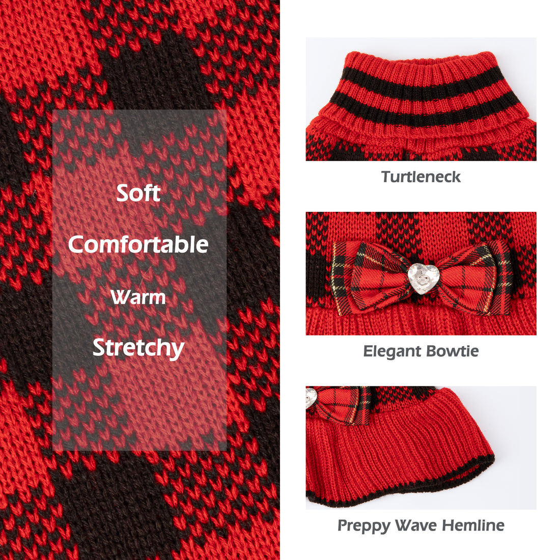 Red and black plaid knit dog sweater dress fabric detail with heart bow and ribbed hem