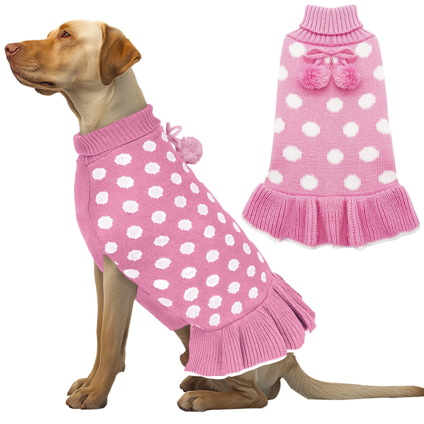 Pink dog sweater dress with white polka dots, pom pom and bow, ribbed flared hem.