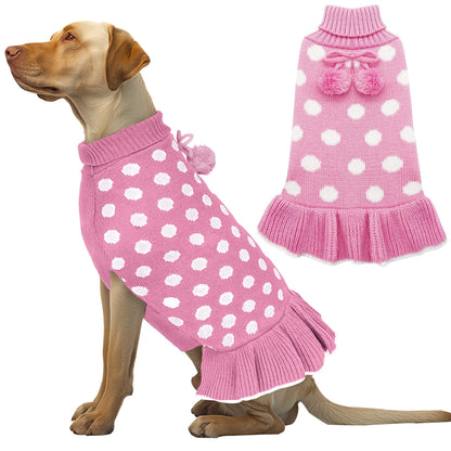 Pink dog sweater dress with white polka dots, pom pom and bow, ribbed flared hem.