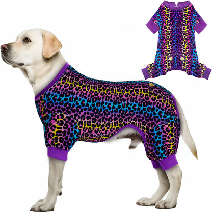 Purple leopard-print dog onesie pajamas with short sleeves and ribbed collar.