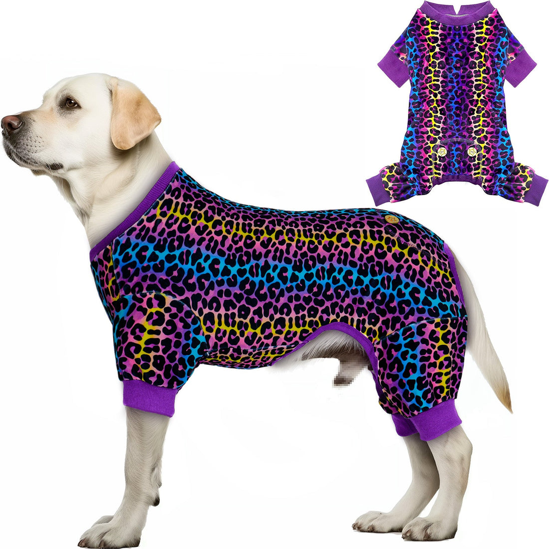 Purple leopard-print dog onesie pajamas with short sleeves and ribbed collar.