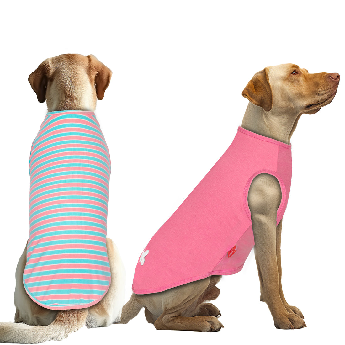 Two-pack dog shirts: teal-and-pink striped and solid pink sleeveless