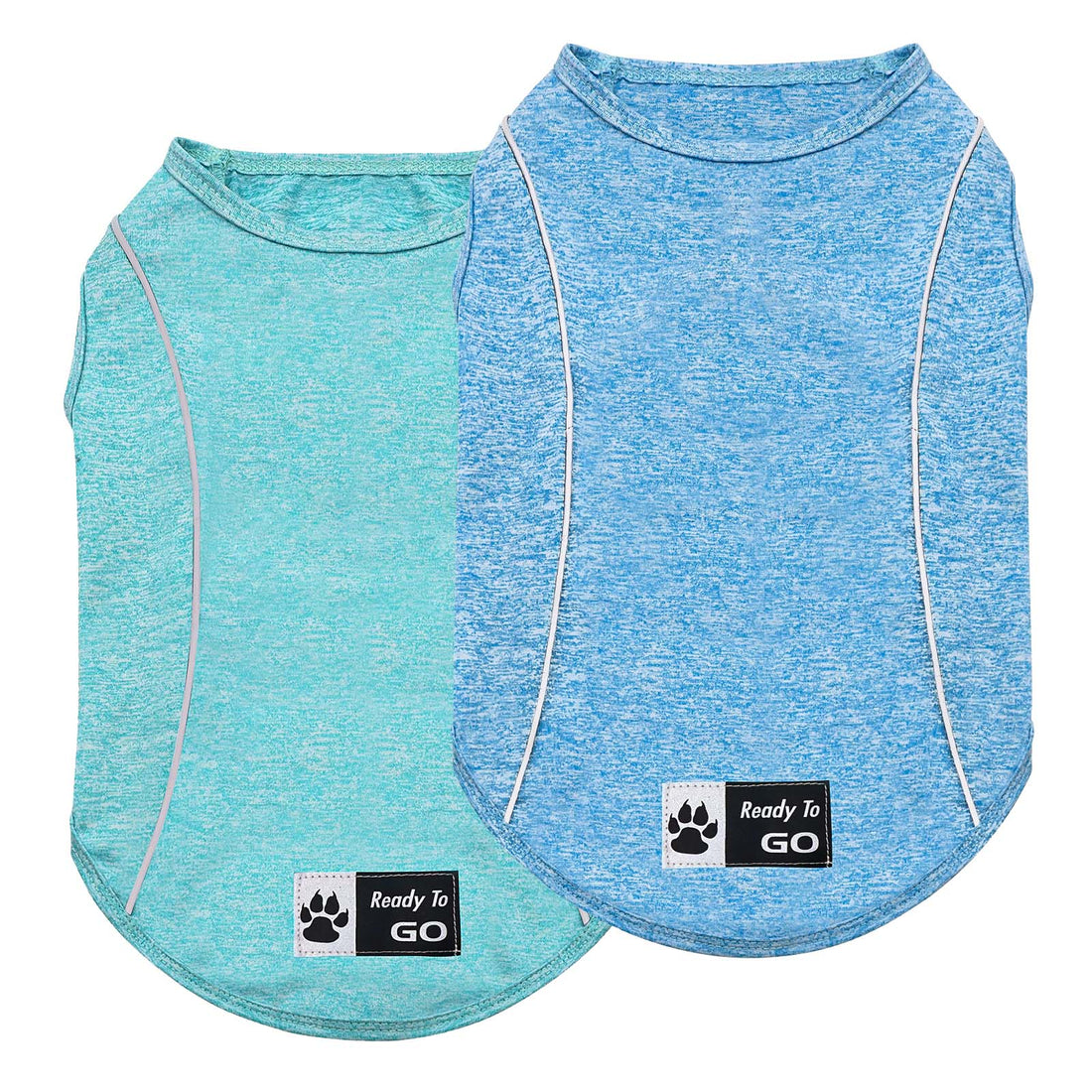 Set of two sleeveless dog shirts: light teal and blue with paw-logo patches