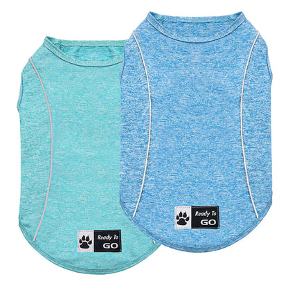 Set of two sleeveless dog shirts: light teal and blue with paw-logo patches