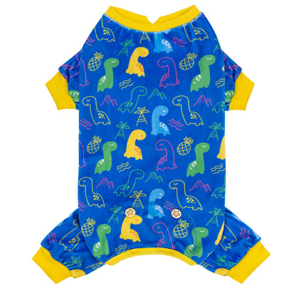 Blue dinosaur print dog onesie pajama, short sleeves, yellow cuffs