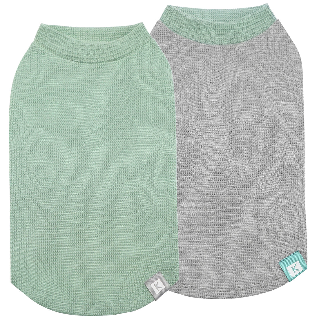 Waffle-knit dog shirts, mint green and light gray pair with matching rounded neckline
