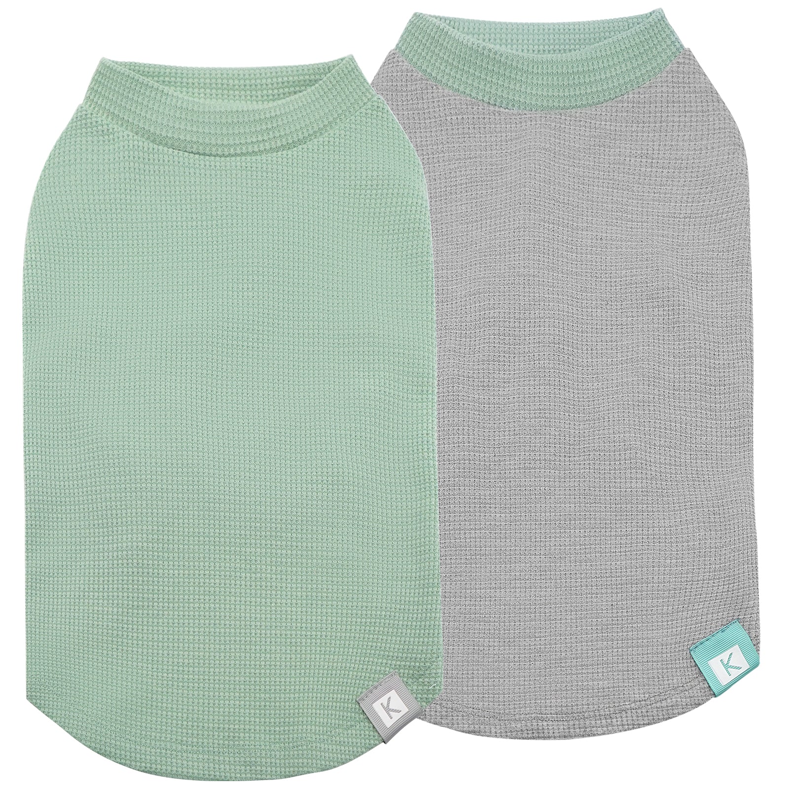Waffle-knit dog shirts, mint green and light gray pair with matching rounded neckline