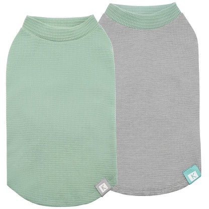 Waffle-knit dog shirts, mint green and light gray pair with matching rounded neckline