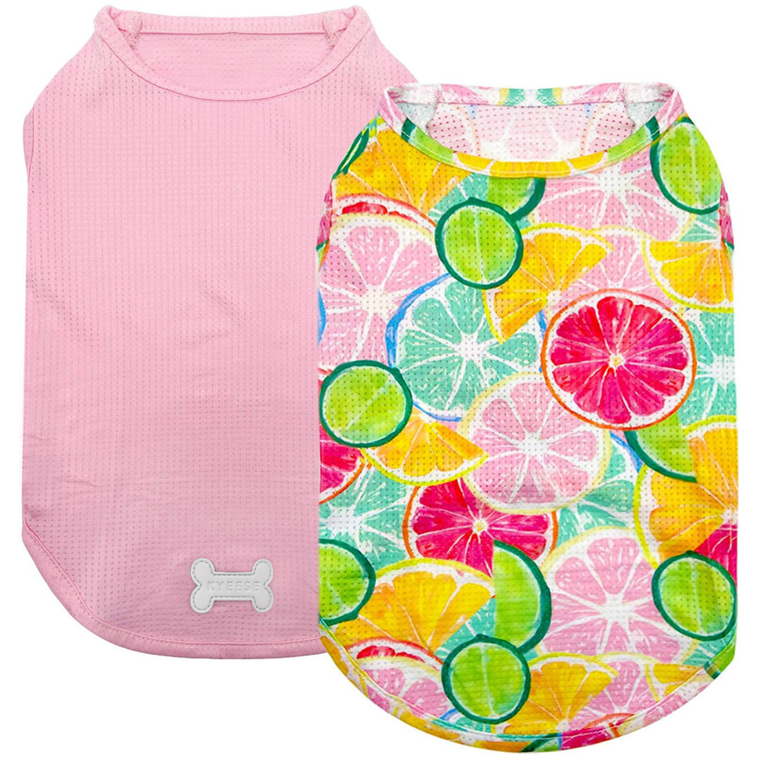 Pink mesh dog shirt with multicolor fruit-print panel and gray bone emblem