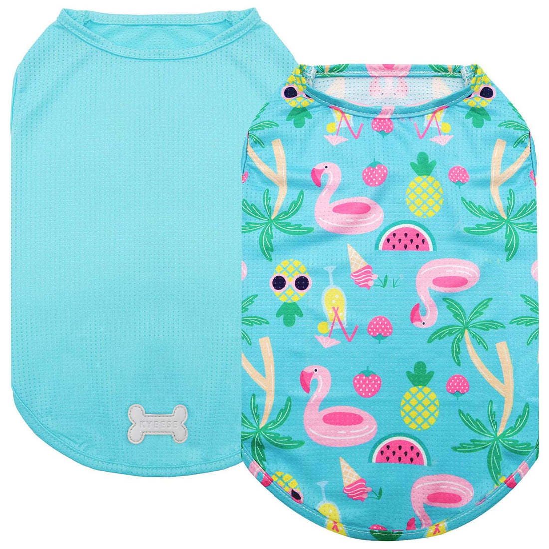 Mesh breathable dog shirt 2 pack: teal solid top and flamingo fruit print shirt