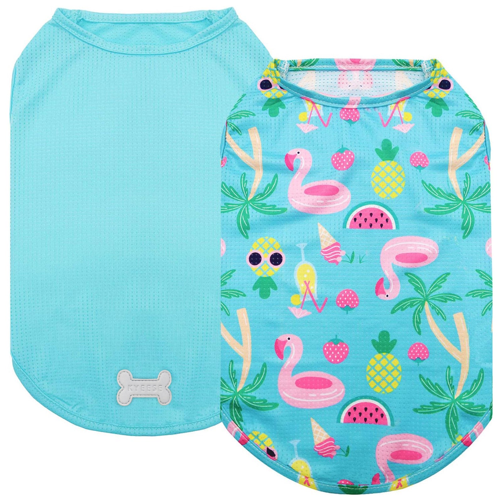 Mesh breathable dog shirt 2 pack: teal solid top and flamingo fruit print shirt