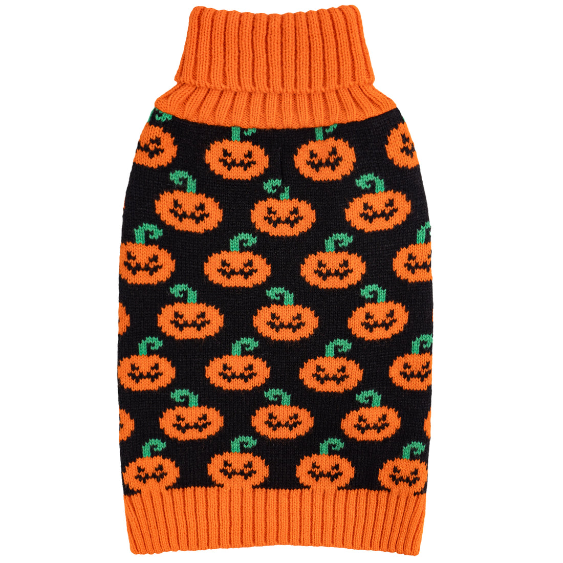 Orange and black knitted dog sweater with pumpkin pattern and ribbed turtleneck