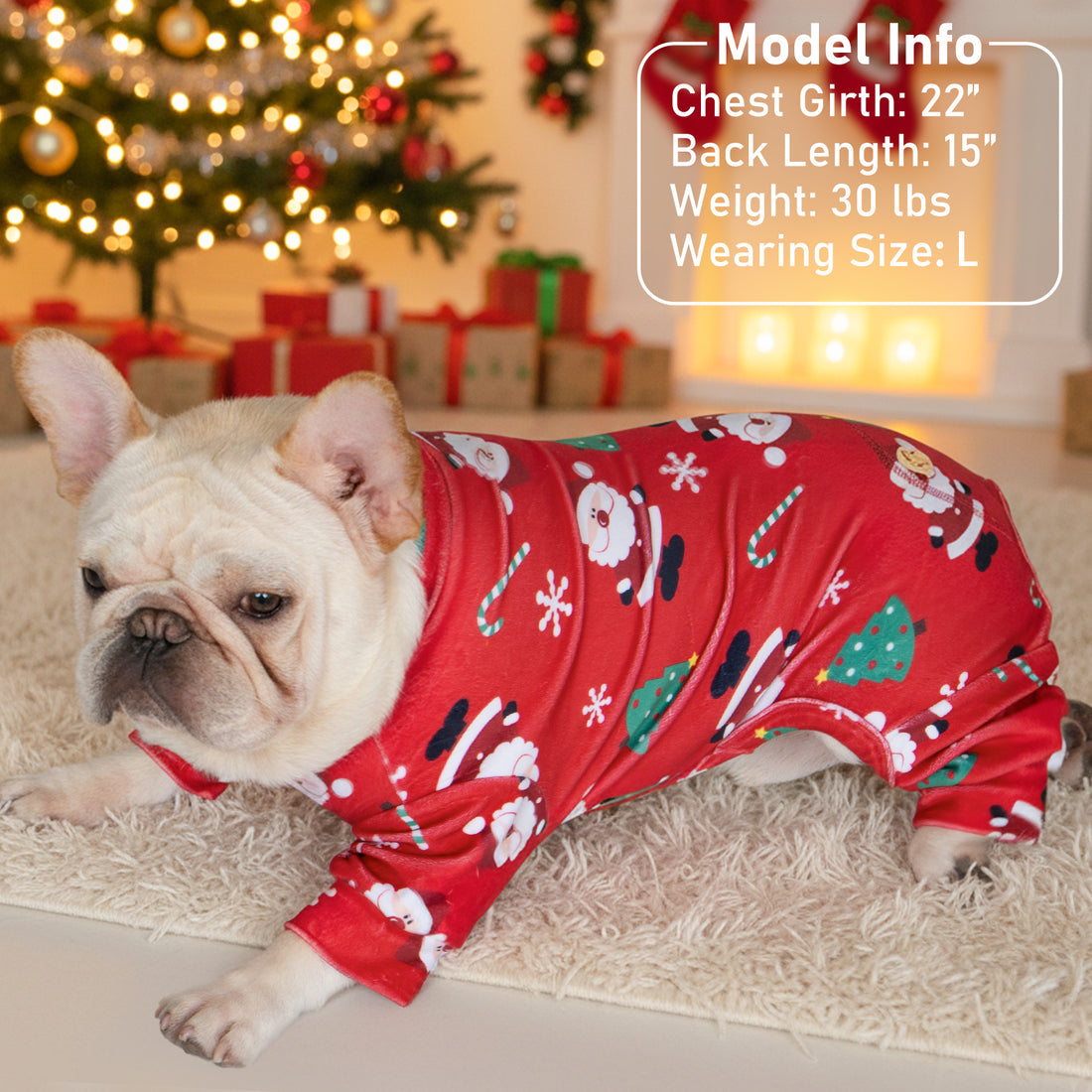 Red turtleneck dog Christmas pajamas with Santa and snowflake print, long sleeves
