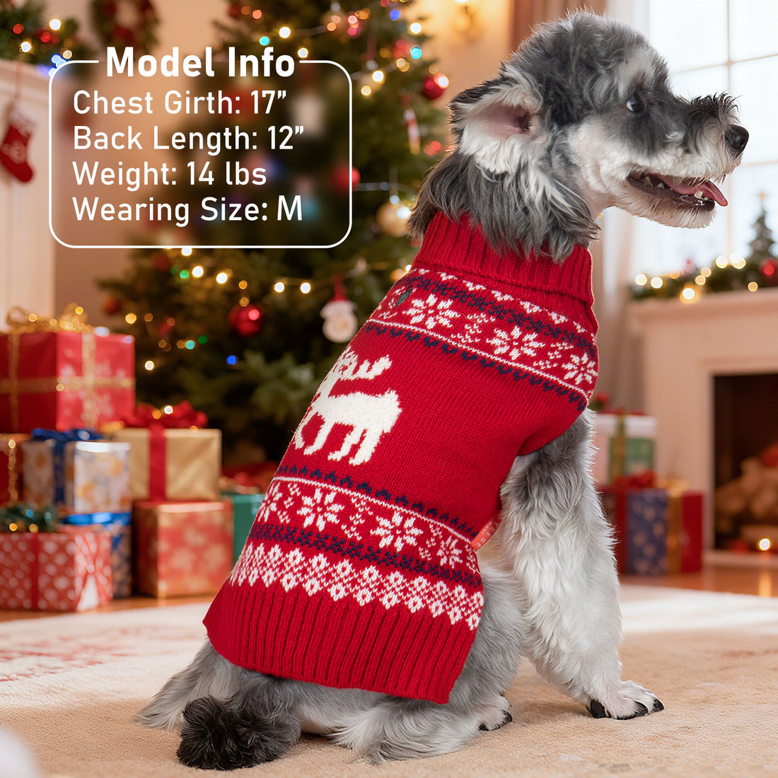 Red knit dog sweater with reindeer fair isle pattern and ribbed turtleneck