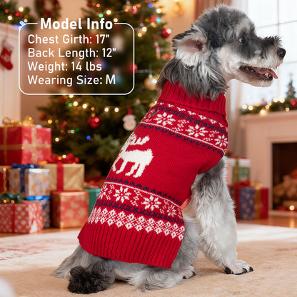 Red knit dog sweater with reindeer fair isle pattern and ribbed turtleneck