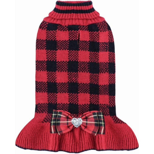 Red and black plaid knit dog sweater dress with ribbed turtleneck and bow detail