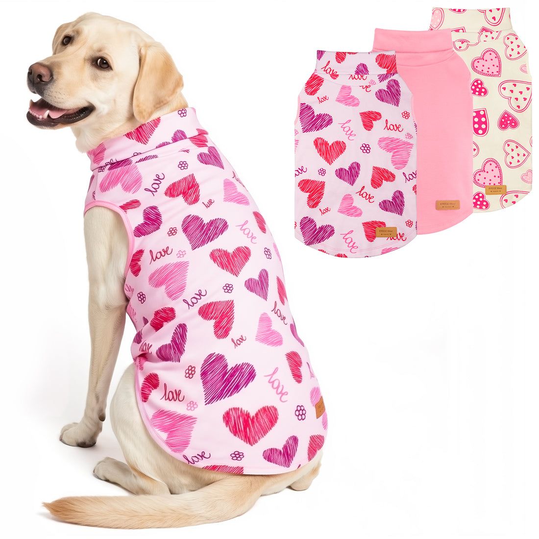 Sleeveless dog shirt in white with pink hearts and "love" text, side view
