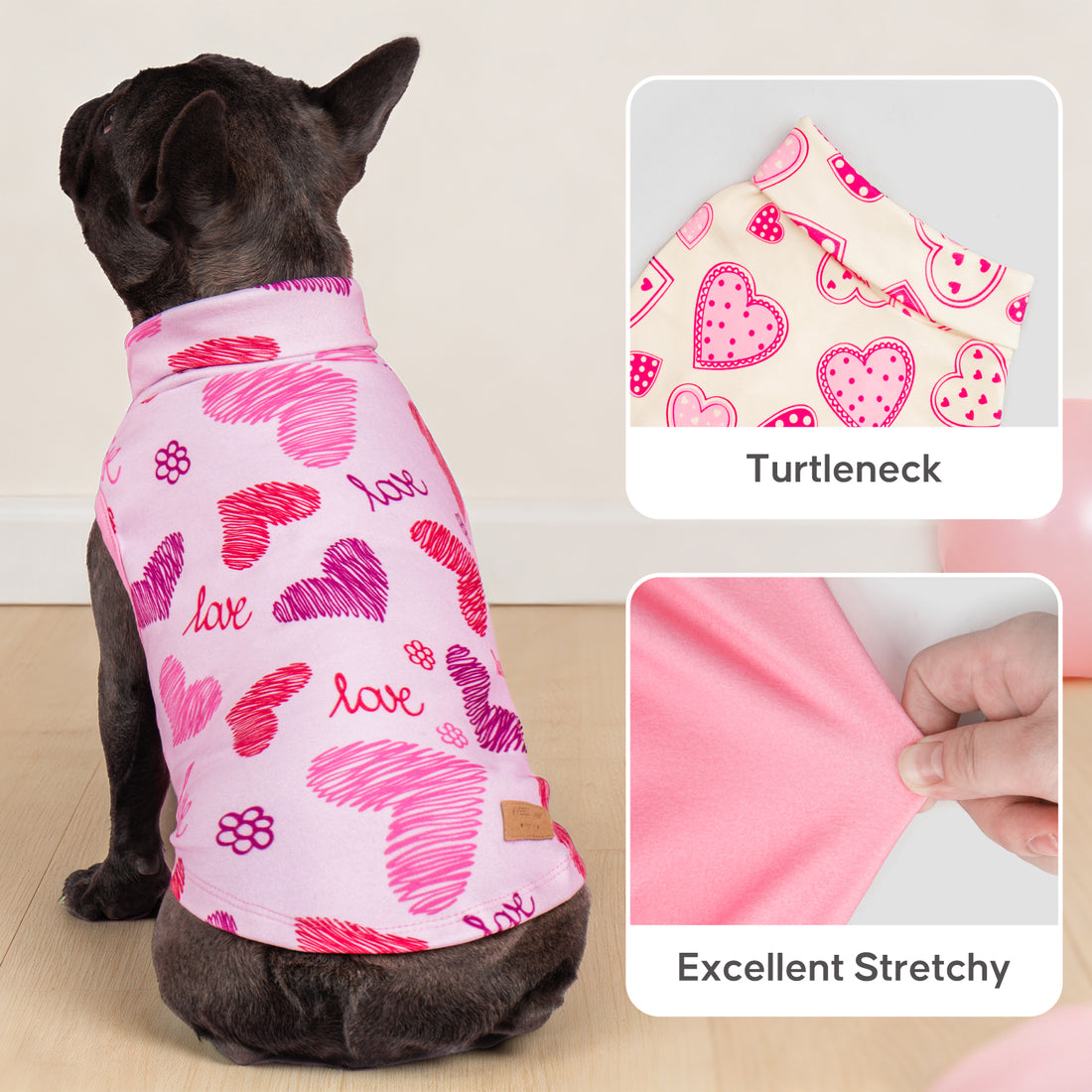 Sleeveless dog shirt with turtleneck and stretchy fabric; white/pink heart "love" print
