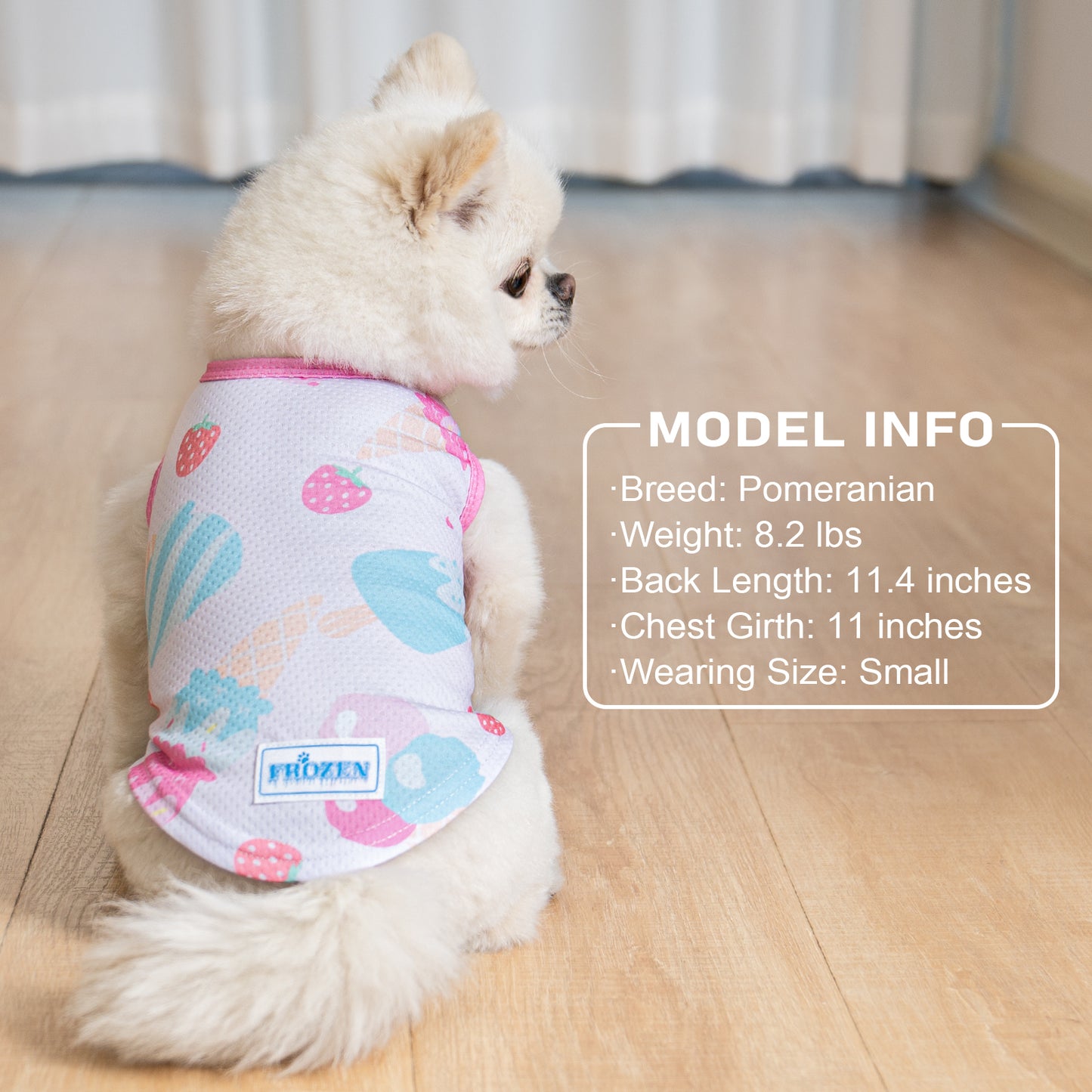 Breathable cooling dog shirt, light pink with blue and pink graphic pattern