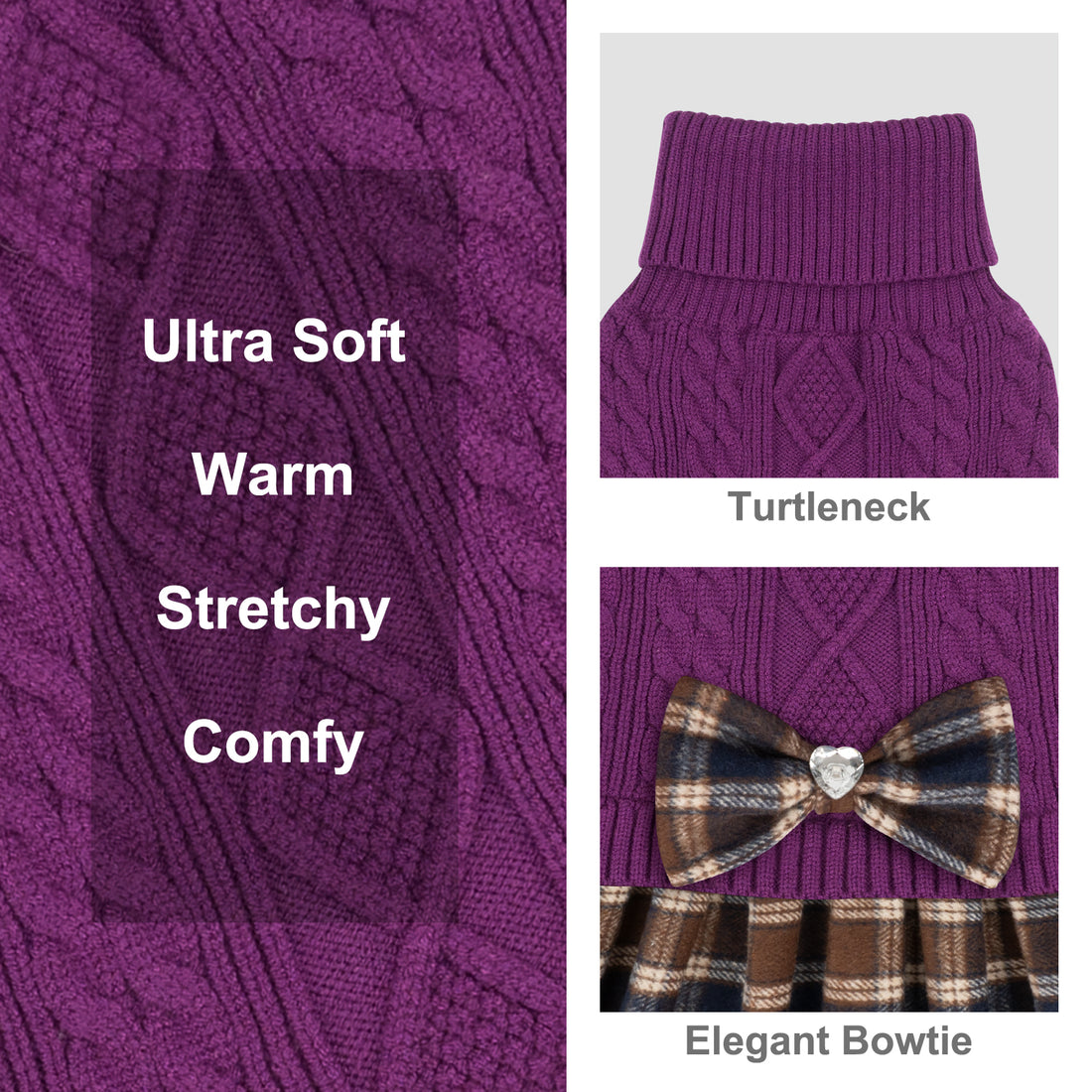 Purple cable knit dog sweater with turtleneck and brown plaid bow detail