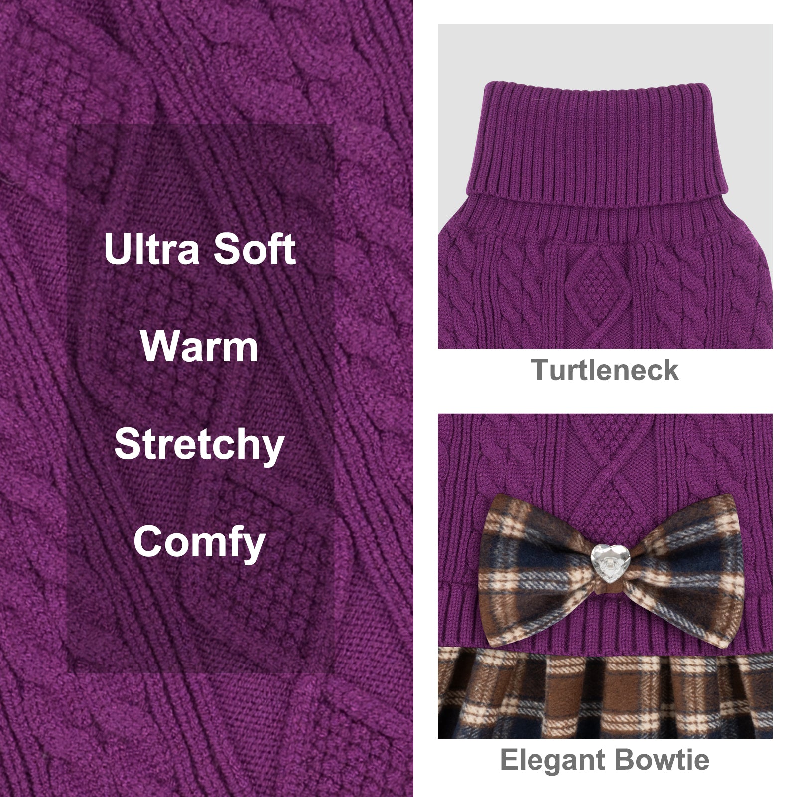 Purple cable knit dog sweater with turtleneck and brown plaid bow detail