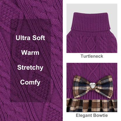 Purple cable knit dog sweater with turtleneck and brown plaid bow detail