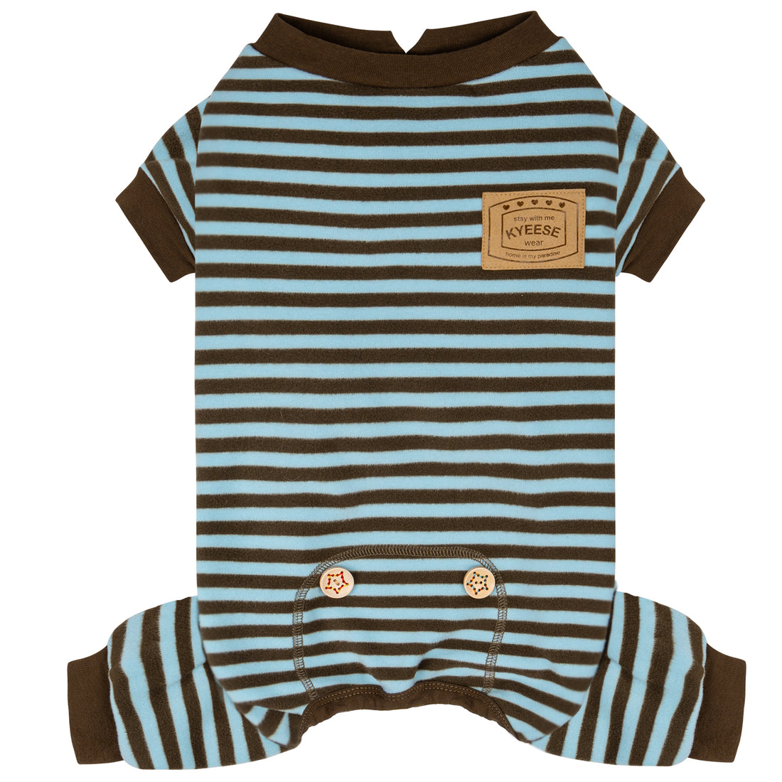 Striped dog onesie pajamas front view with brown cuffs and round neck