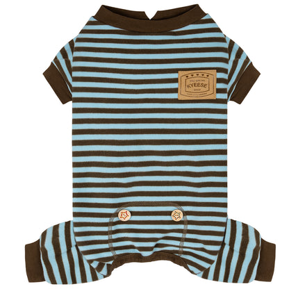 Striped dog onesie pajamas front view with brown cuffs and round neck